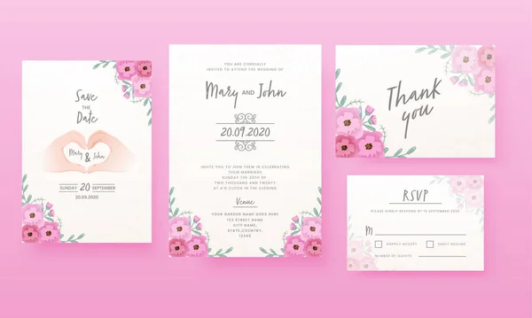 Design Cartão Casamento Floral Como Como Salvar Data Local Obrigado —  Vetores de Stock