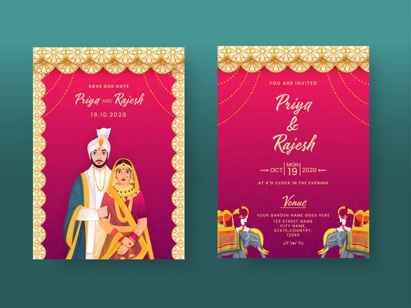 Indian Wedding Invitation Card Mandala Pattern Couple Character Venue Details — Stock Vector