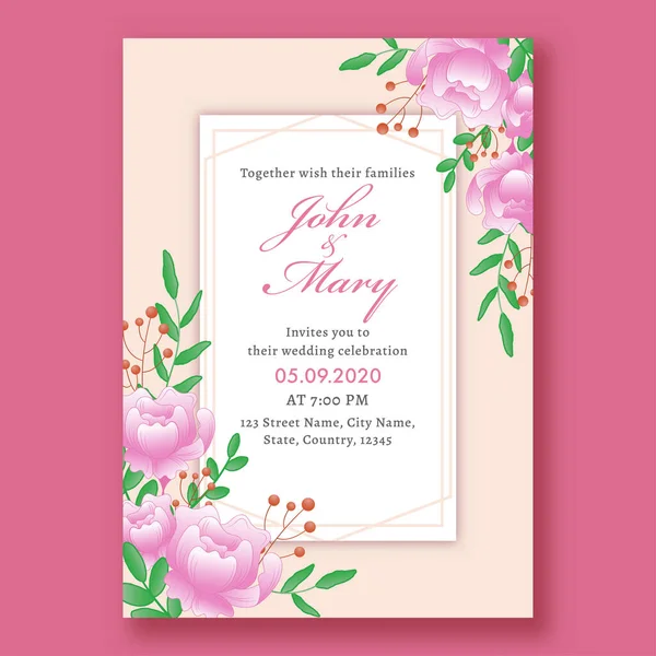イベント詳細と美しい花の結婚式招待状カードのデザイン — ストックベクタ