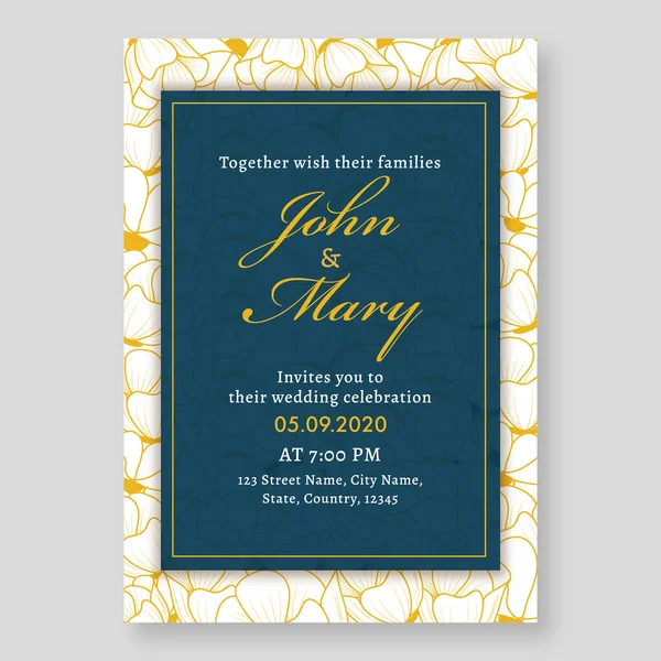 Floral Wedding Convite Card Layout Modelo Cor Branca Azul — Vetor de Stock