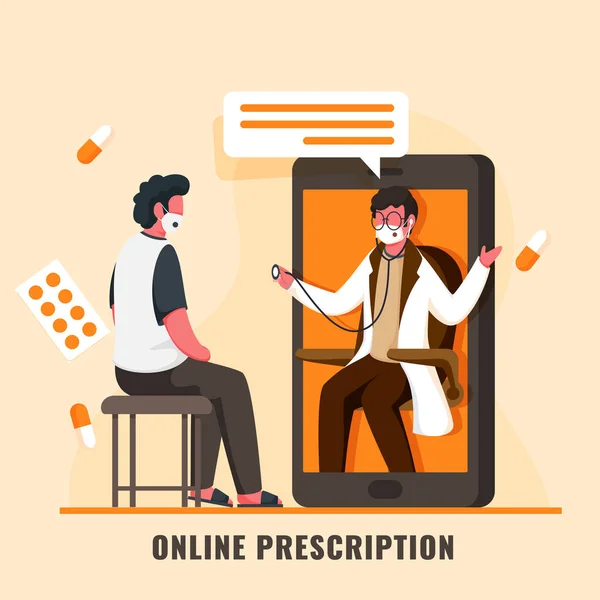 Patient Having Online Checkup Doctor Man Smartphone Medicines Light Orange — 스톡 벡터