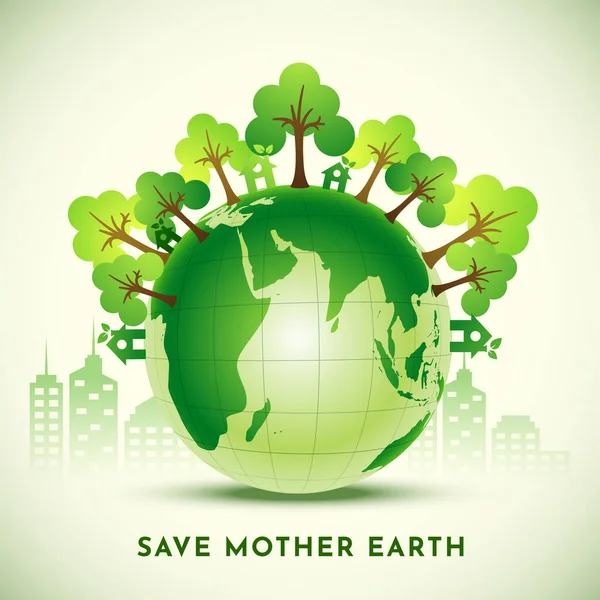 Eco Earth Globe Decorated Trees Huts Buildings Glossy Green Background — Stock Vector