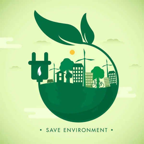 環境を守るためのエコプラグ付きハーフグリーンシティグローブのイラストコンセプト — ストックベクタ