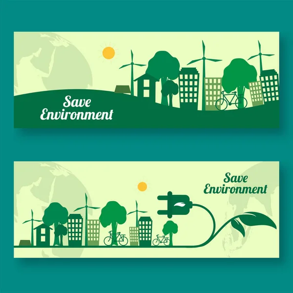 Environment Concept Based Header Banner Design Set Eco City View — Stock Vector