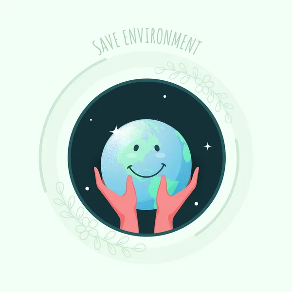 Human Hands Holding Smiley Earth Globe Sfondo Verde Salvare Concetto — Vettoriale Stock