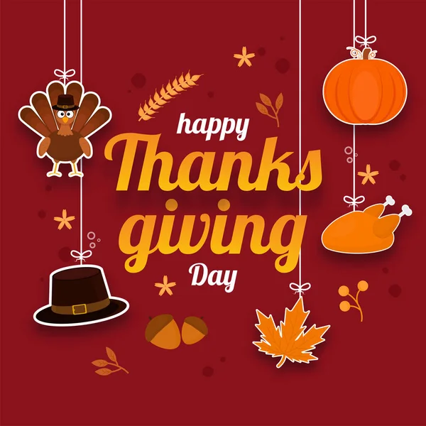 Happy Thanksgiving Day Font Paper Cut Pumpkin Chicken Maple Leaf — Wektor stockowy