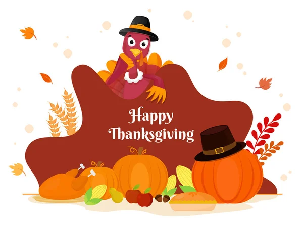 Happy Thanksgiving Poster Design Cartoon Turkey Bird Wearing Pilgrim Hat — Stock Vector