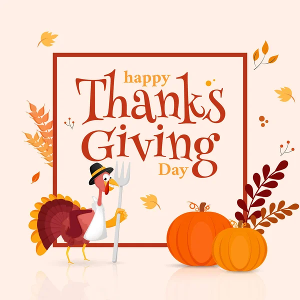 Gelukkige Thanksgiving Day Tekst Met Cartoon Turkey Bird Holding Fork — Stockvector