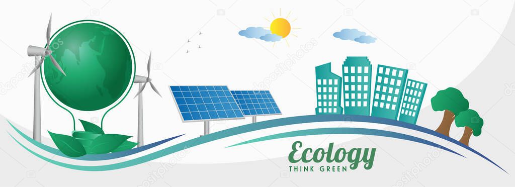 Ecology Think Green Concept Based Header Design with Light Bulb Shape Eco Earth Globe, Solar Panels, Windmills, Buildings and Sunshine on White Background.