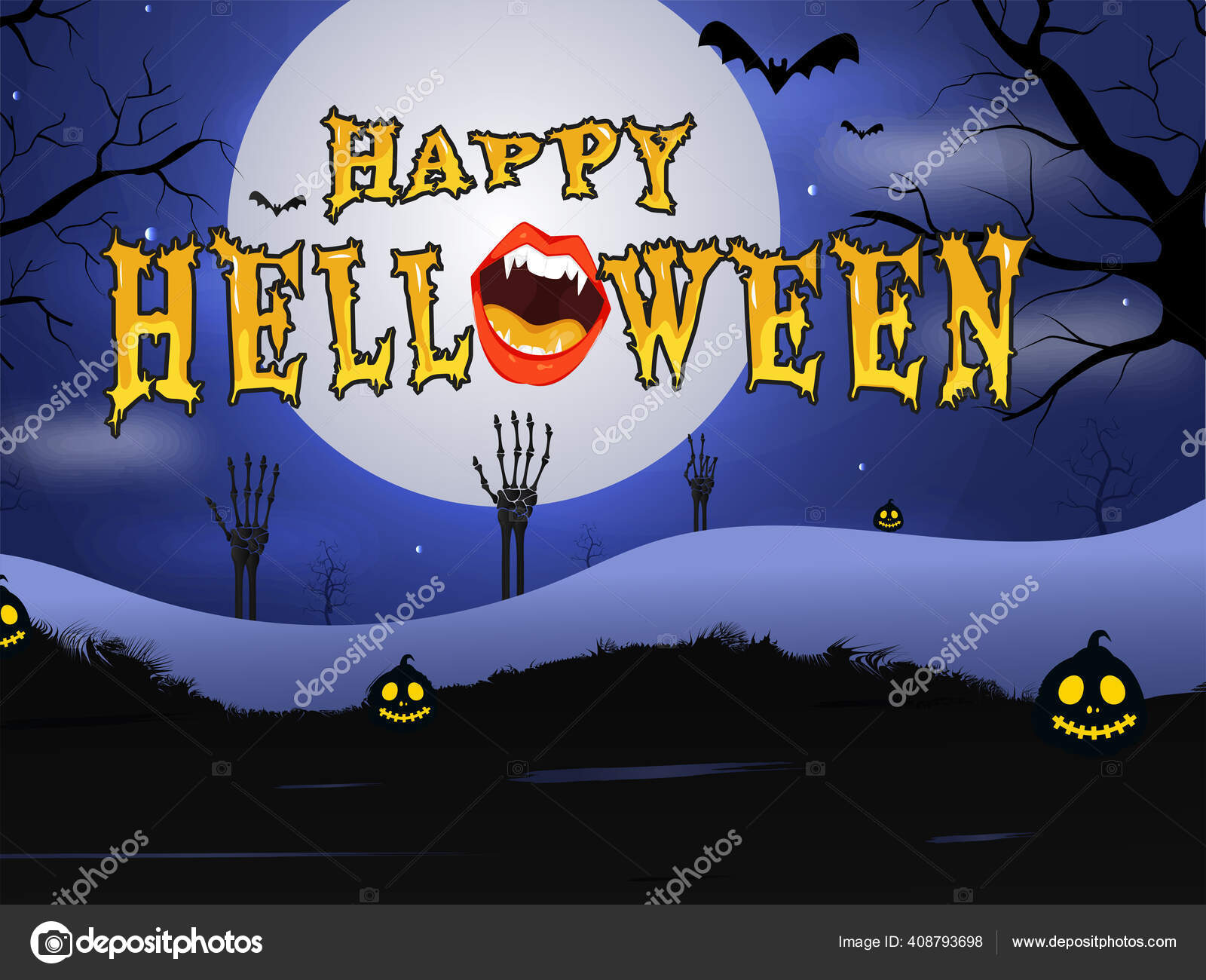 Jaune Effrayant Happy Halloween Police Avec Bouche Monstre Jack Lanternes  Vecteur par ©alliesinteract 408793698