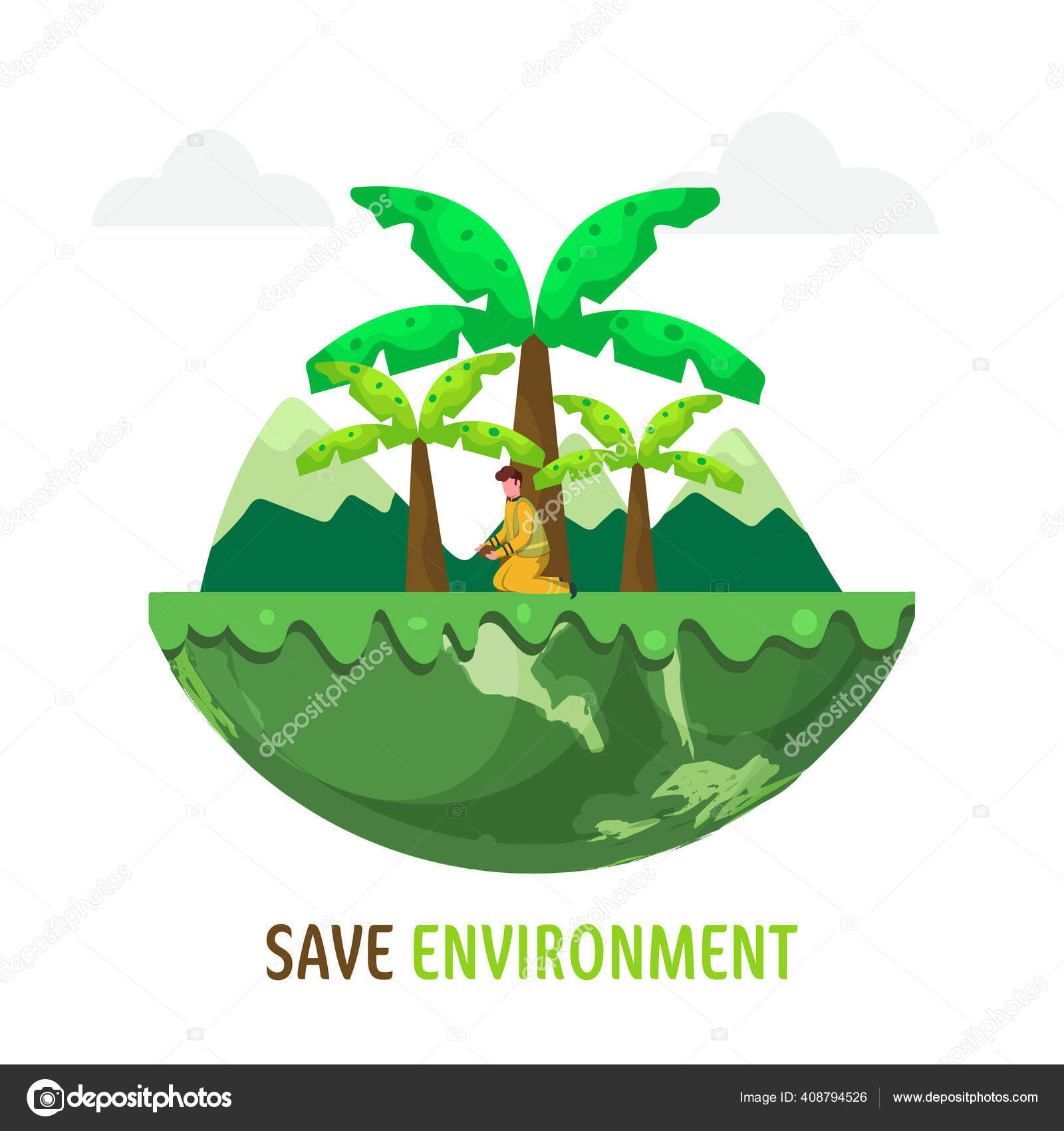 Homem Dos Desenhos Animados Plantando Metade Globo Terrestre Com Vista  Vetor de ©alliesinteract 408794526, image size:1600x1700