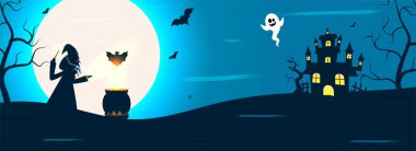 Dolunay Mavi Arkaplan Sihirli Sopadan Sihir Yapan Kadın Cadısı, Kaynayan Kazan, Yarasa, Hayalet, Çıplak Ağaçlar ve Perili Ev.