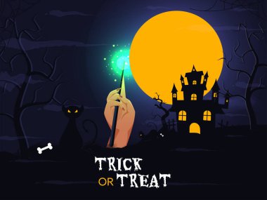 Cadı Elinin Sihirli Asa Tutuşu Çizgi Filmi Kediler, Çıplak Ağaçlar ve Dolunayda Perili Ev Hediye ya da Şaka İçin Koyu Mavi Arkaplan.