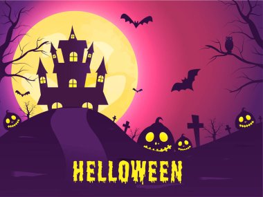 Cadılar Bayramı metninden Jack-O-Lanternleri, Yarasalar Uçuyor, Baykuş, Lanetli Ev ve Mezarlık Görünümü Dolunay Mor ve Pembe Arkaplan.