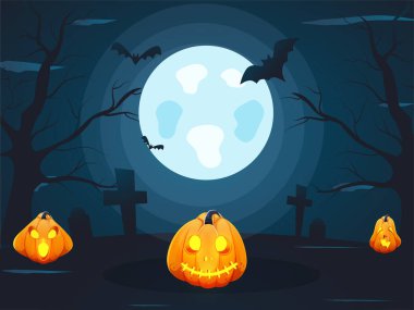 Dolunay 'ın Mavi Arkaplanı Çıplak Ağaçlar, Uçan Yarasalar, Mezarlık Haçı ve Cadılar Bayramı Partisi için Jack-O-Lanternler.