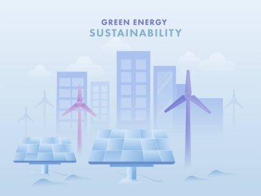 Yeşil Enerji Sürdürülebilirlik Temelli Poster Tasarımı Güneş Panelleri, Yel Değirmenleri ve Mavi Arkaplanda Binalar.
