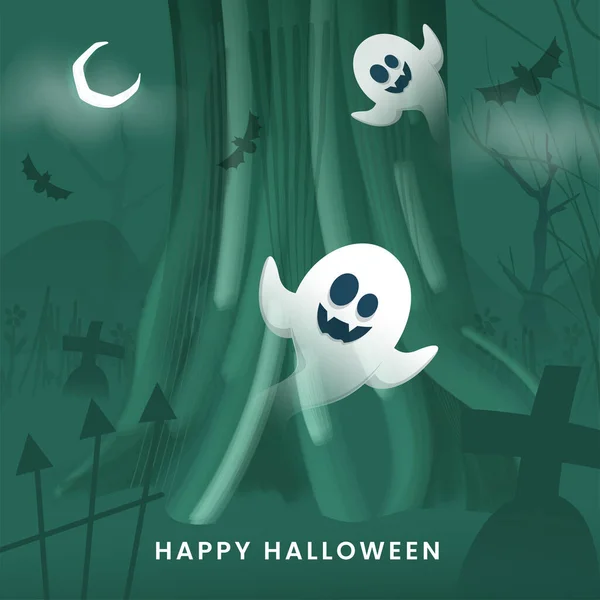 Green Graveyard Background Crescent Moon Flying Bats Cartoon Ghosts Happy — Stock Vector