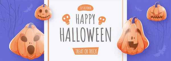 Happy Halloween Header Banner Design Jack Lanterns Flying Bats Violet — 스톡 벡터