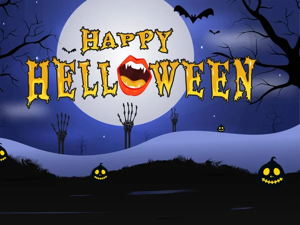 Sárga Scary Happy Halloween Font Monster Mouth Jack Lanterns Bats — Stock Vector