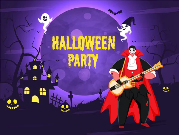 Texto Amarillo Fiesta Halloween Estilo Goteo Con Hombre Vampiro Tocando — Archivo Imágenes Vectoriales