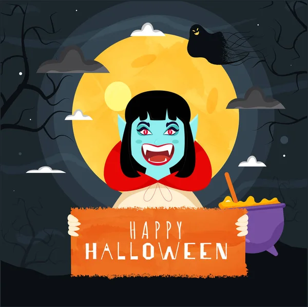 Cheerful Female Vampire Holding Happy Halloween Text Board Ghost Cauldron — Stock Vector