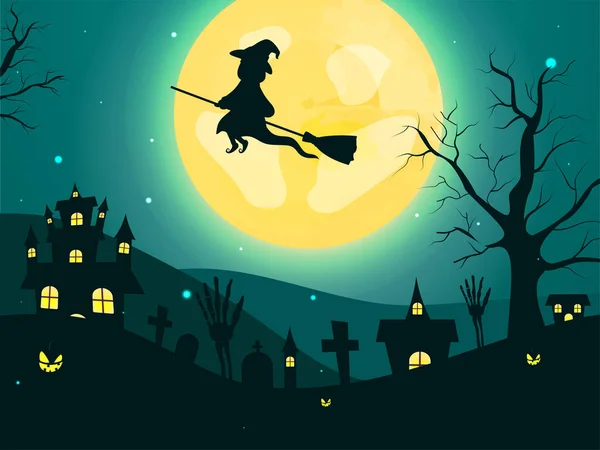 Full Moon Teal Green Background Witch Flying Broom Skeleton Hands — стоковий вектор