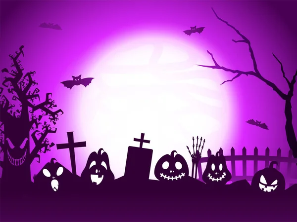 Full Moon Purple Graveyard Background Jack Lanterns Flying Bats Skeleton — Stock Vector