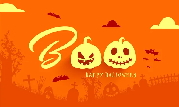 Boo Joyeux Texte Halloween Avec Des Citrouilles Effrayantes Des Chauves — Image vectorielle
