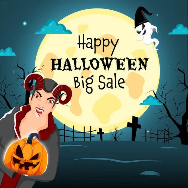 Happy Halloween Big Sale Poster Design Cartoon Devil Holding Jack — Stock Vector
