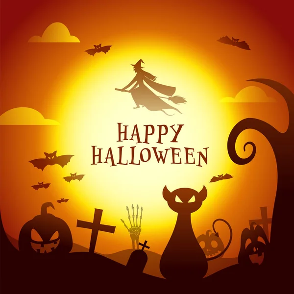 Happy Halloween Poster Design Met Witch Flying Cartoon Cat Bats — Stockvector