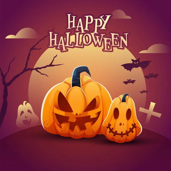 Happy Halloween Poster Design Spooky Pumpkins Bare Tree Bats Flying — Stock Vector