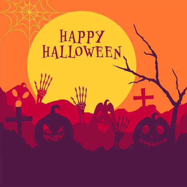 Vector Illustration Spooky Pumpkins Skeleton Hands Bare Tree Graveyard Volle — Stockvector