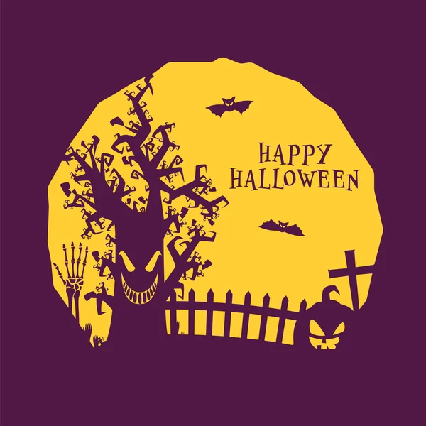 Постер Хэллоуину Джеком Лэнсом Скелетом Могильным Крестом Летающими Летучими Мышами — стоковый вектор