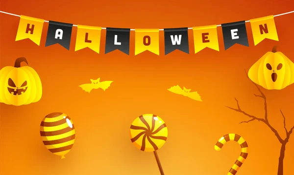 Fondo Naranja Brillante Decorado Con Bandera Halloween Calabazas Papel Espeluznante — Vector de stock