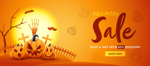 Halloween Sale Header or Banner Design with 80% discount offer and Jack-O-Lanterns on Full Moon Orange Foundation.
