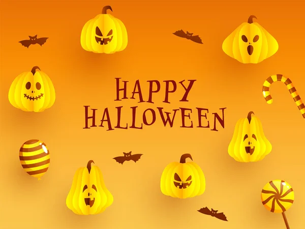 Happy Halloween Text Paper Cut Spooky Pumpkins Candy Cane Lollipop — стоковий вектор