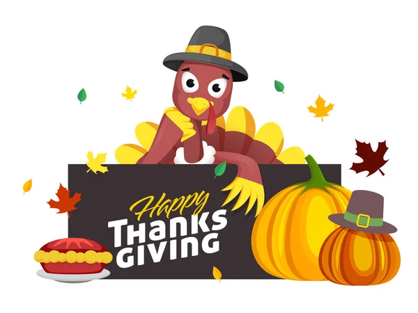 Cartoon Turecko Pták Drží Zprávu Papíru Happy Thanksgiving Dýněmi Koláč — Stockový vektor