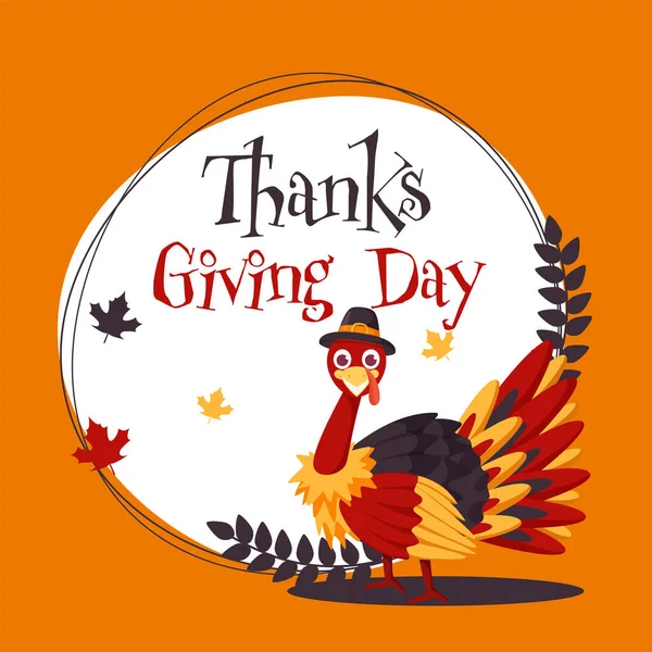 Thanksgiving Day Poster Design Cartoon Bird Wearing Pilgrim Hat Autumn — 스톡 벡터