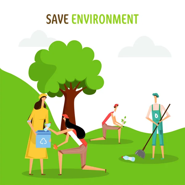 Illusztrációja Cartoon People Cleaning Garden Vagy Park Environment Koncepció — Stock Vector