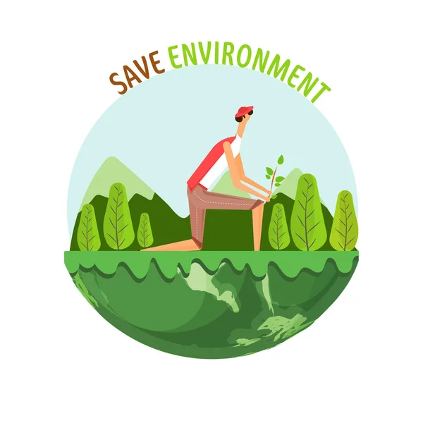 Γελοιογραφία Άνθρωπος Κηπουρική Μισό Πράσινο Κόσμο Για Σώσει Περιβάλλον Concept — Διανυσματικό Αρχείο