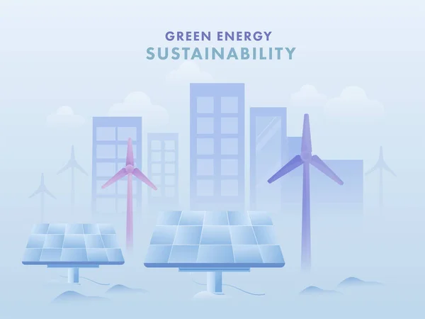グリーンエネルギー持続可能性コンセプト太陽光パネル ビルを背景にしたポスターデザイン — ストックベクタ