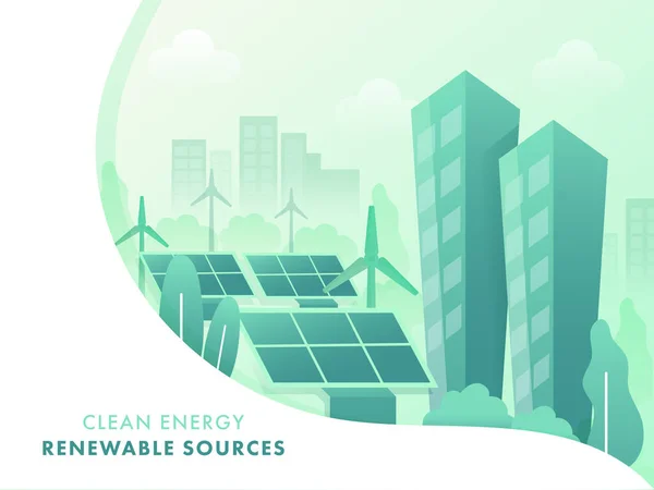 クリーンエネルギー再生可能エネルギー源コンセプトベースのポスターデザイン太陽光パネルと高層ビル — ストックベクタ