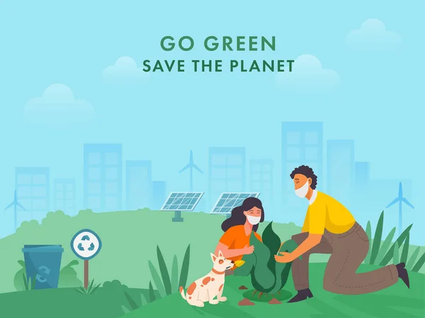 在生态系统背景下进行具有狗的卡通片 年轻男孩和女孩的植树 在考罗纳维里期间拯救地球 — 图库矢量图片