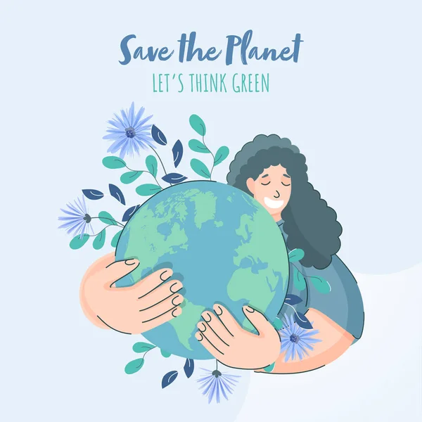 地球を救う ライトブルーの背景に地球と花を抱きしめる漫画の少女と緑の概念を考えます — ストックベクタ