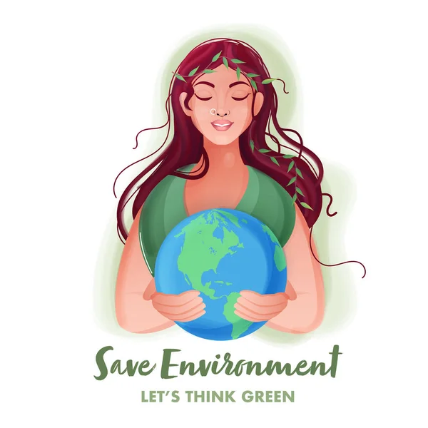 Gyönyörű Fiatal Tartja Earth Globe Fehér Háttér Menteni Környezet Koncepció — Stock Vector
