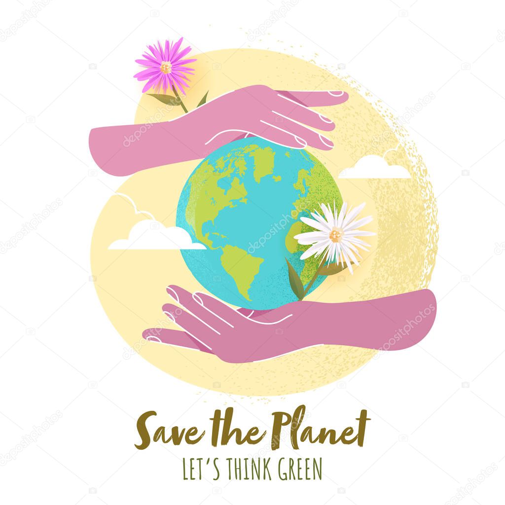 Earth Globe Between Two Hands with Daisy Flowers and Yellow Noise Brush Effect on White Background for Save The Planet, Let's Think Green.