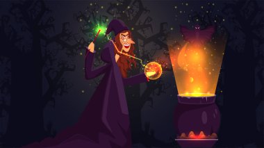 Neşeli Cadı Sihir Yapıyor Asadan Kaynar İksir Kazanı Ormanda.