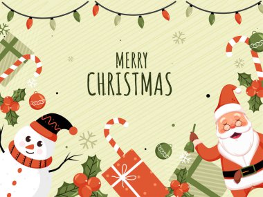 Neşeli Noel Baba Tutma Çanı Çizgi Film Kardan Adam, Hediye Kutuları, Holly Berries, Şeker Çubuğu, Bauble ve Işıklandırma Garland Dekorasyonlu Mutlu Noeller için Çizgili Arka plan.