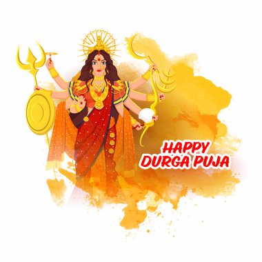 Hindu Mitolojisi Tanrıçası Durga Maa 'nın Mutlu Durga Puja Kutlaması için Beyaz Arkaplanda Sarı Suluboya Efekti.