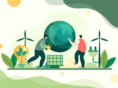 Dünya Küresi, Eko Ampul, Güneş Paneli, Elektrik Eklentisi ve Soyut Arkaplanda Yel Değirmenleri Çizgi Film Adamları Karakteri.